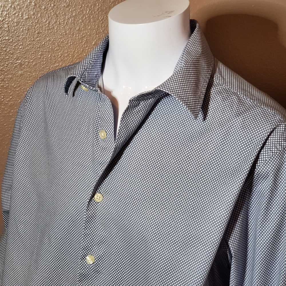 BEN SHERMAN blue gray dot pattern stretch cotton shirt 17-17.5, 34-35